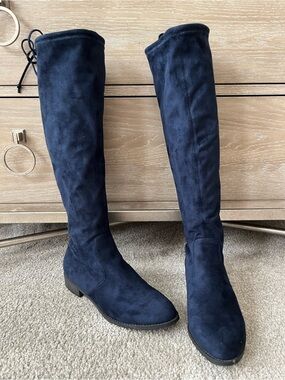 Unisa Navy Blue Faux Suede Pull On Tall Boots Sz 7.5 1" Heel Tie Back